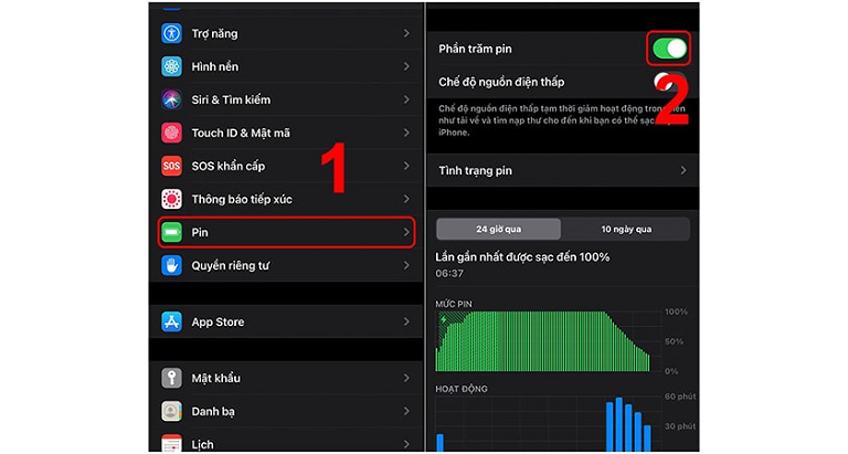 Hiển thị phần trăm pin trên iPhone Xs Max bằng tùy chỉnh trong cài đặt.